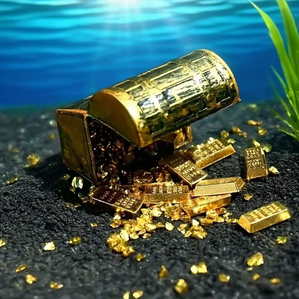 Aquarium Plants Live - 1個入り、楽しいミニ海賊の宝箱、宝物をテーマにした、金色のミニチュア装飾品、水槽の飾り、魚のいる水槽の装飾品。