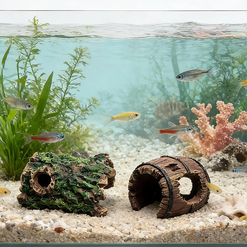 Aquarium Plant Substrate - 3個入り 水槽用 レジン製装飾品 穴窟型エビ隠れ家 水槽・テラリウム用アクセサリー 木の幹のようなデザイン
